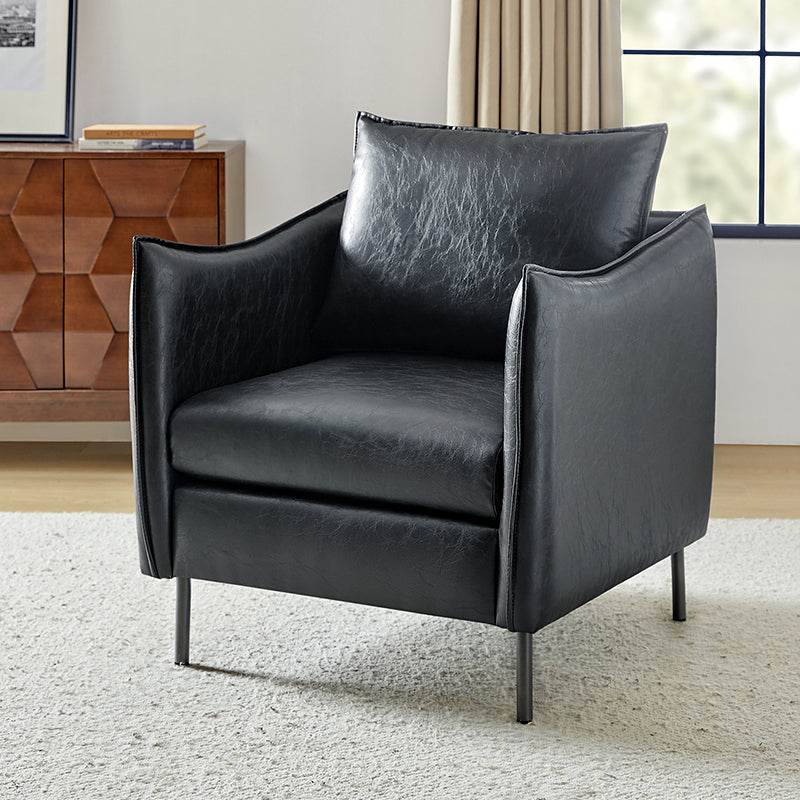 Fauteuil en similicuir à accoudoirs carrés avec coussins amovibles, assise en mousse et ressorts hélicoïdaux et pieds en métal gris fumé | Camel / Marron / Beige / Noir / Gris / Bleu marine | Une place