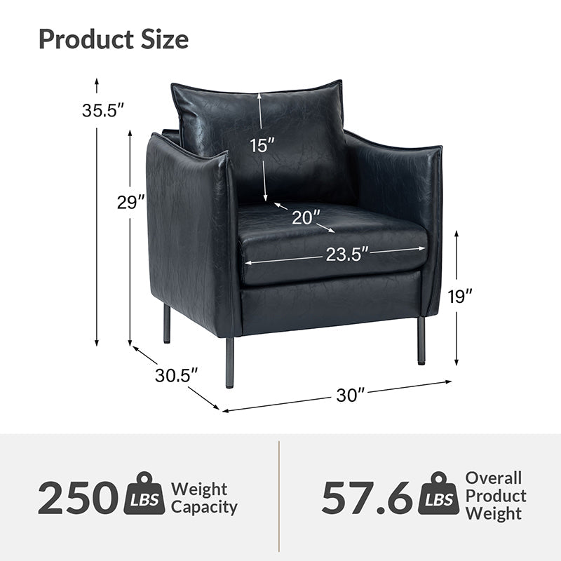 Fauteuil en similicuir à accoudoirs carrés avec coussins amovibles, assise en mousse et ressorts hélicoïdaux et pieds en métal gris fumé | Camel / Marron / Beige / Noir / Gris / Bleu marine | Une place