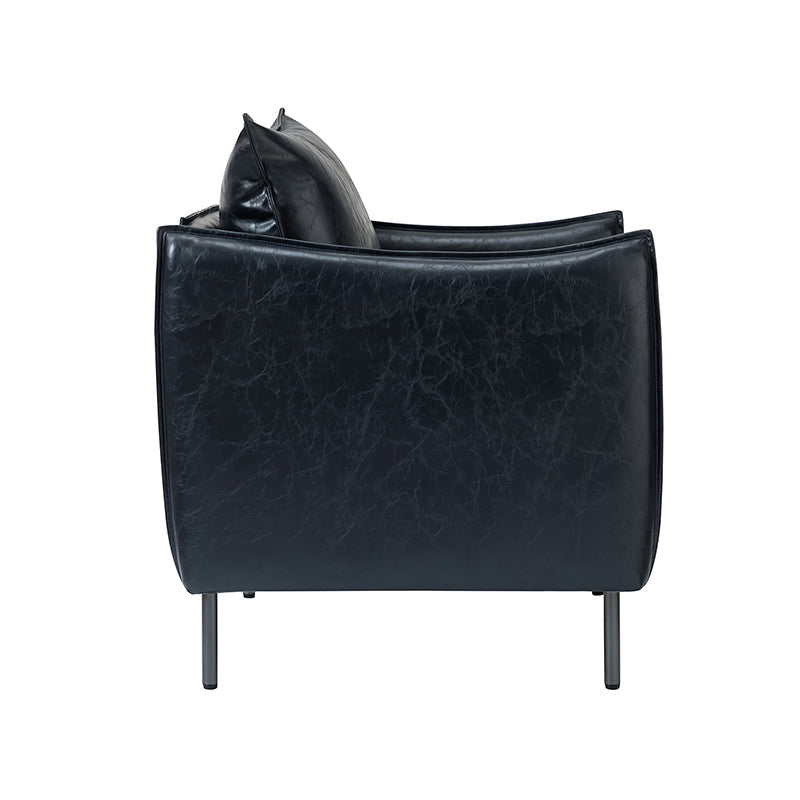 Fauteuil en similicuir à accoudoirs carrés avec coussins amovibles, assise en mousse et ressorts hélicoïdaux et pieds en métal gris fumé | Camel / Marron / Beige / Noir / Gris / Bleu marine | Une place