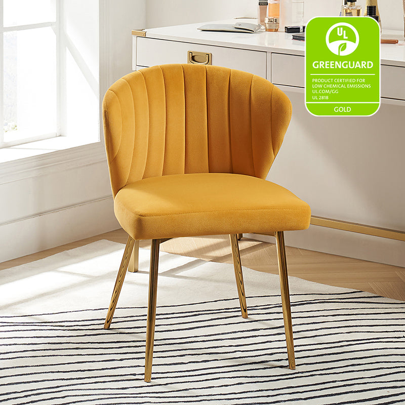 Chaise d'appoint capitonnée en velours avec rembourrage en mousse et pieds en métal doré | Jaune / Orange / Bleu sarcelle / Sauge / Rose / Bleu marine / Rouge / Vert / Fuchsia / Ivoire / Noir / Moutarde / Fauve | Siège unique