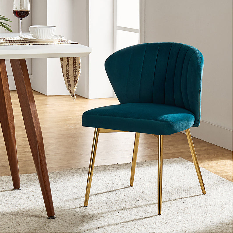 Chaise d'appoint capitonnée en velours avec rembourrage en mousse et pieds en métal doré | Jaune / Orange / Bleu sarcelle / Sauge / Rose / Bleu marine / Rouge / Vert / Fuchsia / Ivoire / Noir / Moutarde / Fauve | Siège unique