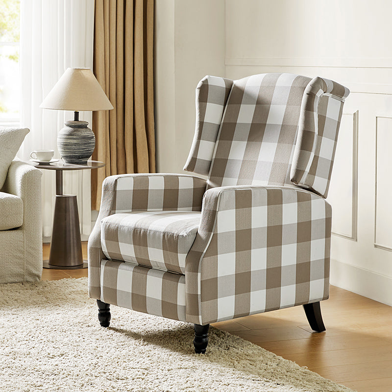 Fauteuil inclinable à oreilles, dossier poussoir, motif, avec assise en mousse, verrouillage 2 positions et pieds en bouleau | Noir / Marine / Rouge / Jardin / Indigo / Beige / Oiseau | Siège simple