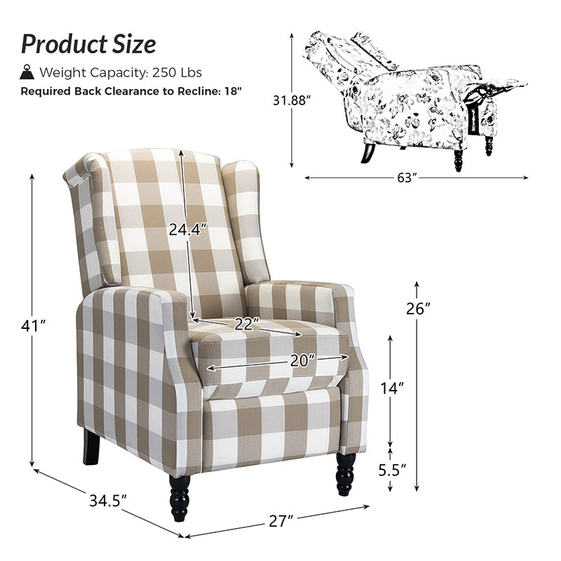 Fauteuil inclinable à oreilles, dossier poussoir, motif, avec assise en mousse, verrouillage 2 positions et pieds en bouleau | Noir / Marine / Rouge / Jardin / Indigo / Beige / Oiseau | Siège simple