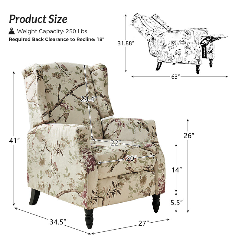 Fauteuil inclinable à oreilles, dossier poussoir, motif, avec assise en mousse, verrouillage 2 positions et pieds en bouleau | Noir / Marine / Rouge / Jardin / Indigo / Beige / Oiseau | Siège simple