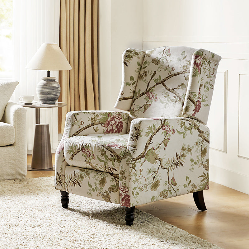 Fauteuil inclinable à oreilles, dossier poussoir, motif, avec assise en mousse, verrouillage 2 positions et pieds en bouleau | Noir / Marine / Rouge / Jardin / Indigo / Beige / Oiseau | Siège simple