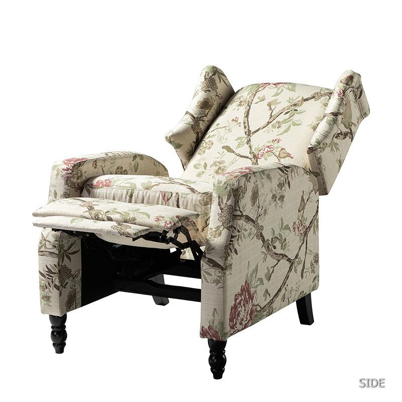Fauteuil inclinable à oreilles, dossier poussoir, motif, avec assise en mousse, verrouillage 2 positions et pieds en bouleau | Noir / Marine / Rouge / Jardin / Indigo / Beige / Oiseau | Siège simple