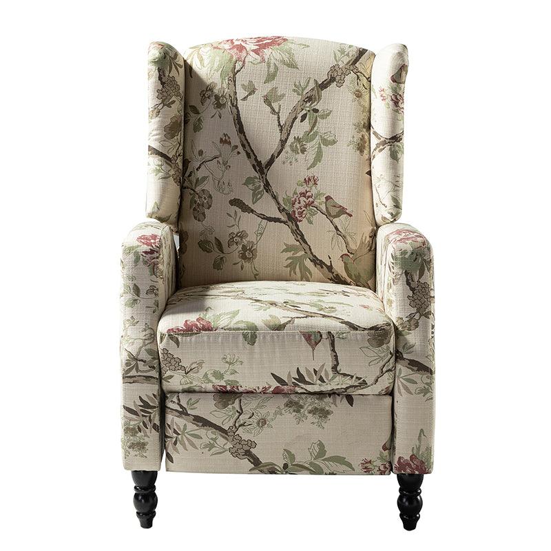 Fauteuil inclinable à oreilles, dossier poussoir, motif, avec assise en mousse, verrouillage 2 positions et pieds en bouleau | Noir / Marine / Rouge / Jardin / Indigo / Beige / Oiseau | Siège simple
