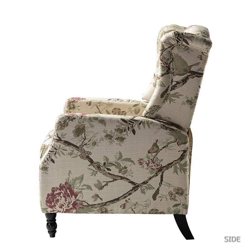 Fauteuil inclinable à oreilles, dossier poussoir, motif, avec assise en mousse, verrouillage 2 positions et pieds en bouleau | Noir / Marine / Rouge / Jardin / Indigo / Beige / Oiseau | Siège simple