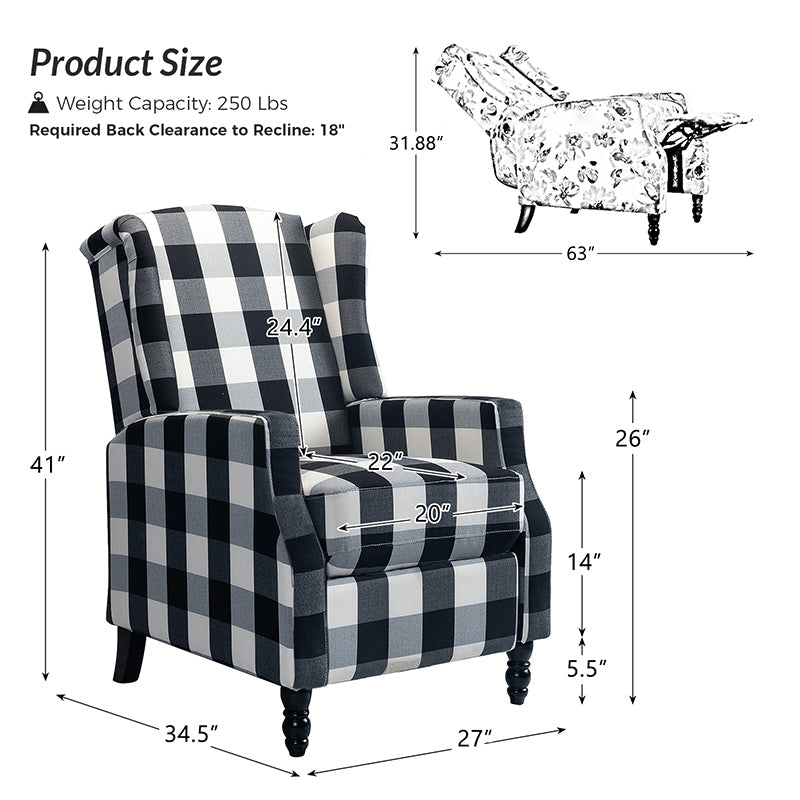 Fauteuil inclinable à oreilles, dossier poussoir, motif, avec assise en mousse, verrouillage 2 positions et pieds en bouleau | Noir / Marine / Rouge / Jardin / Indigo / Beige / Oiseau | Siège simple