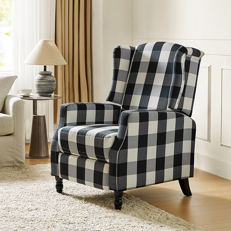 Fauteuil inclinable à oreilles, dossier poussoir, motif, avec assise en mousse, verrouillage 2 positions et pieds en bouleau | Noir / Marine / Rouge / Jardin / Indigo / Beige / Oiseau | Siège simple