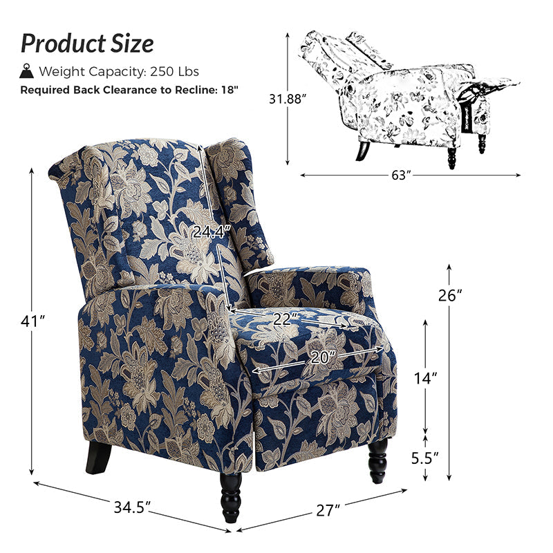 Fauteuil inclinable à oreilles, dossier poussoir, motif, avec assise en mousse, verrouillage 2 positions et pieds en bouleau | Noir / Marine / Rouge / Jardin / Indigo / Beige / Oiseau | Siège simple