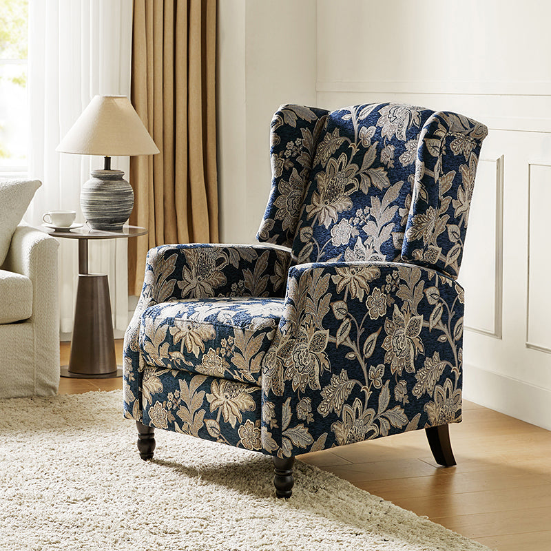 Fauteuil inclinable à oreilles, dossier poussoir, motif, avec assise en mousse, verrouillage 2 positions et pieds en bouleau | Noir / Marine / Rouge / Jardin / Indigo / Beige / Oiseau | Siège simple