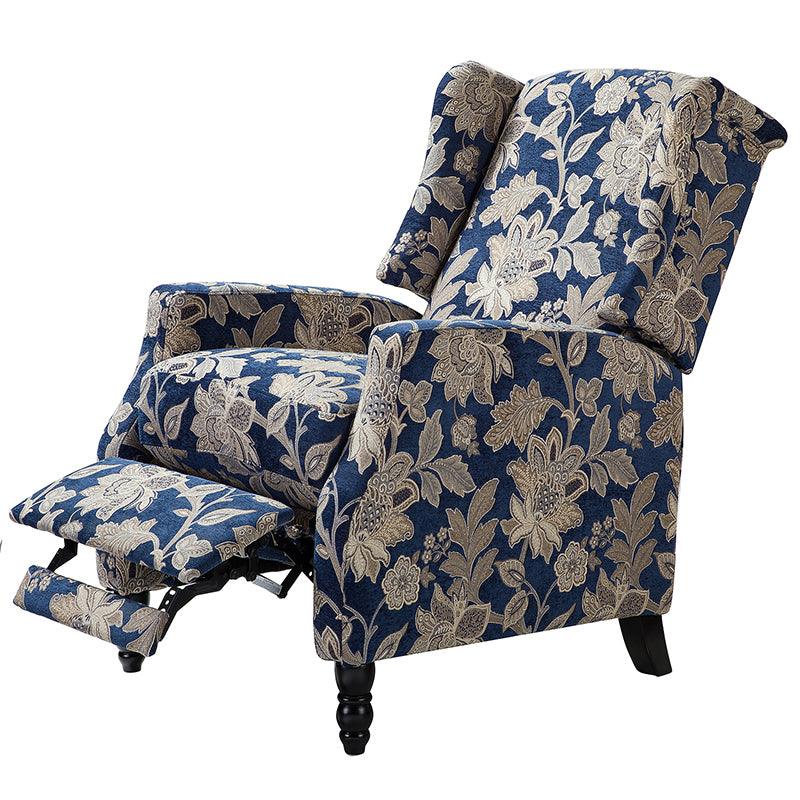Fauteuil inclinable à oreilles, dossier poussoir, motif, avec assise en mousse, verrouillage 2 positions et pieds en bouleau | Noir / Marine / Rouge / Jardin / Indigo / Beige / Oiseau | Siège simple