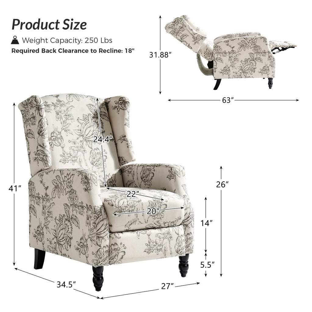 Fauteuil inclinable à oreilles, dossier poussoir, motif, avec assise en mousse, verrouillage 2 positions et pieds en bouleau | Noir / Marine / Rouge / Jardin / Indigo / Beige / Oiseau | Siège simple