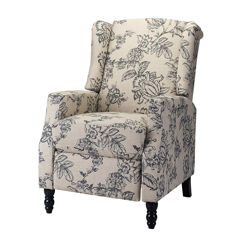 Fauteuil inclinable à oreilles, dossier poussoir, motif, avec assise en mousse, verrouillage 2 positions et pieds en bouleau | Noir / Marine / Rouge / Jardin / Indigo / Beige / Oiseau | Siège simple