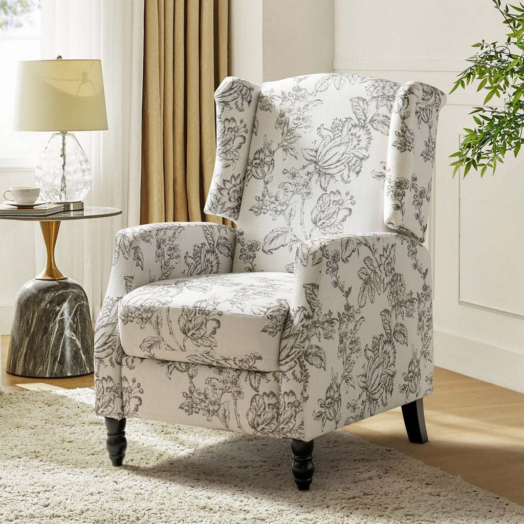 Fauteuil inclinable à oreilles, dossier poussoir, motif, avec assise en mousse, verrouillage 2 positions et pieds en bouleau | Noir / Marine / Rouge / Jardin / Indigo / Beige / Oiseau | Siège simple