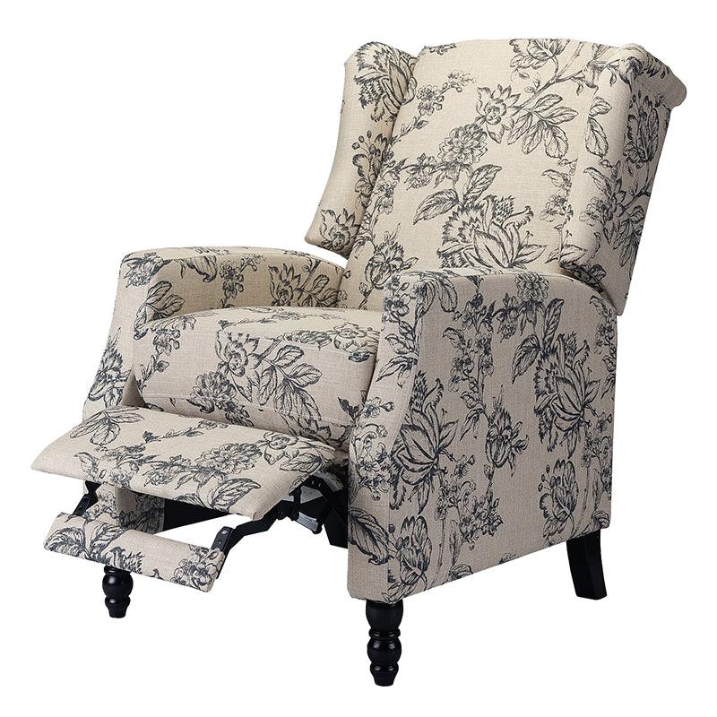 Fauteuil inclinable à oreilles, dossier poussoir, motif, avec assise en mousse, verrouillage 2 positions et pieds en bouleau | Noir / Marine / Rouge / Jardin / Indigo / Beige / Oiseau | Siège simple
