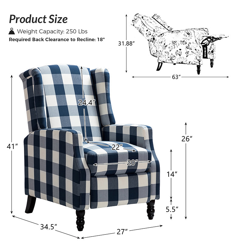 Fauteuil inclinable à oreilles, dossier poussoir, motif, avec assise en mousse, verrouillage 2 positions et pieds en bouleau | Noir / Marine / Rouge / Jardin / Indigo / Beige / Oiseau | Siège simple