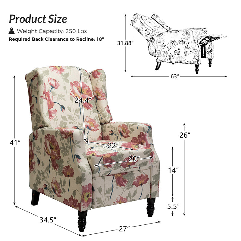 Fauteuil inclinable à oreilles, dossier poussoir, motif, avec assise en mousse, verrouillage 2 positions et pieds en bouleau | Noir / Marine / Rouge / Jardin / Indigo / Beige / Oiseau | Siège simple