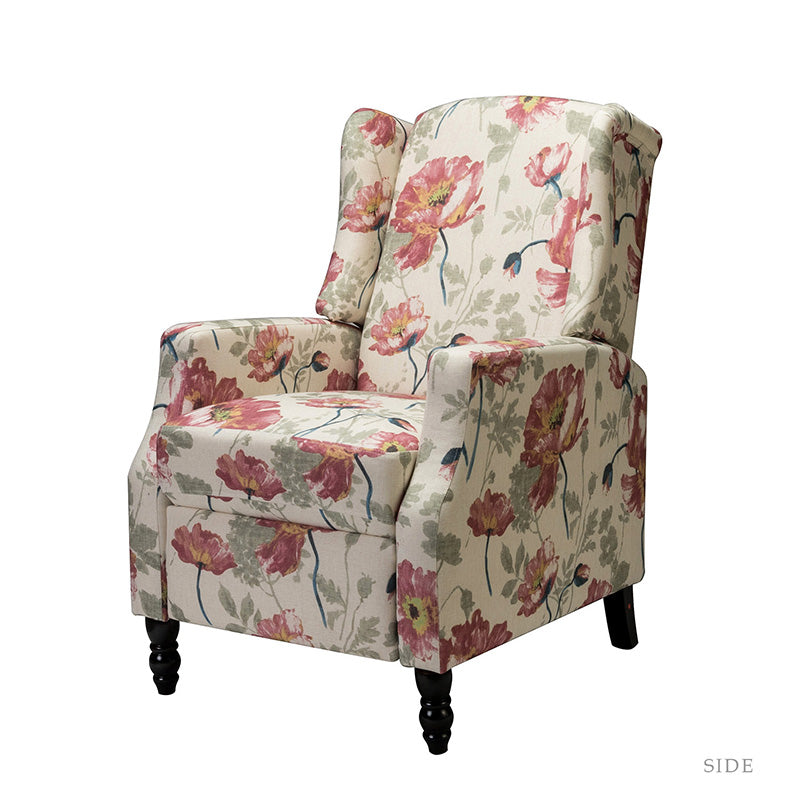Fauteuil inclinable à oreilles, dossier poussoir, motif, avec assise en mousse, verrouillage 2 positions et pieds en bouleau | Noir / Marine / Rouge / Jardin / Indigo / Beige / Oiseau | Siège simple