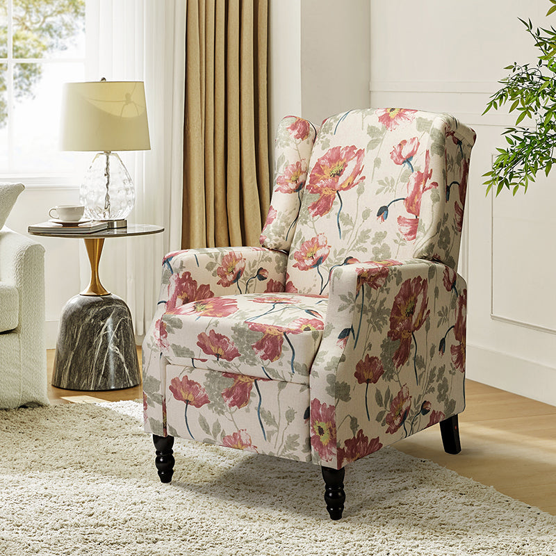Fauteuil inclinable à oreilles, dossier poussoir, motif, avec assise en mousse, verrouillage 2 positions et pieds en bouleau | Noir / Marine / Rouge / Jardin / Indigo / Beige / Oiseau | Siège simple