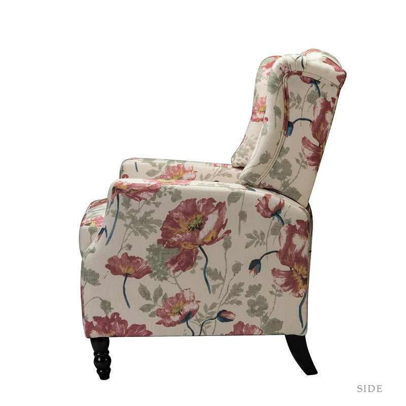 Fauteuil inclinable à oreilles, dossier poussoir, motif, avec assise en mousse, verrouillage 2 positions et pieds en bouleau | Noir / Marine / Rouge / Jardin / Indigo / Beige / Oiseau | Siège simple