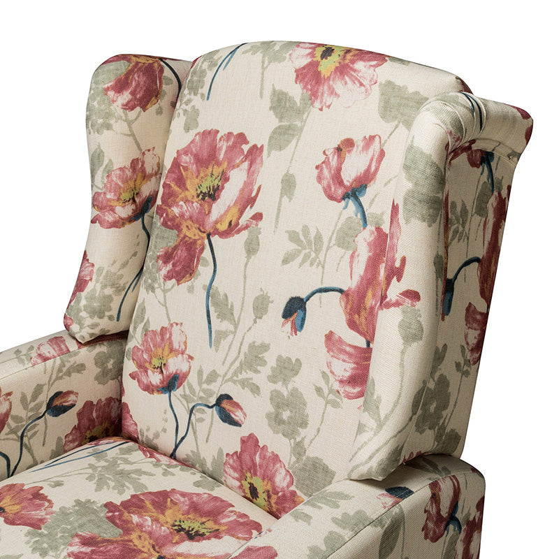 Fauteuil inclinable à oreilles, dossier poussoir, motif, avec assise en mousse, verrouillage 2 positions et pieds en bouleau | Noir / Marine / Rouge / Jardin / Indigo / Beige / Oiseau | Siège simple