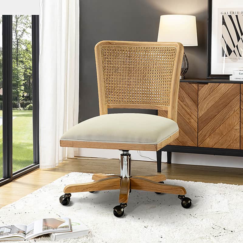 Chaise de bureau à dossier en rotin avec assise en polyester-lin, hauteur réglable et roulettes à 360° | Lin / Beige | Siège simple
