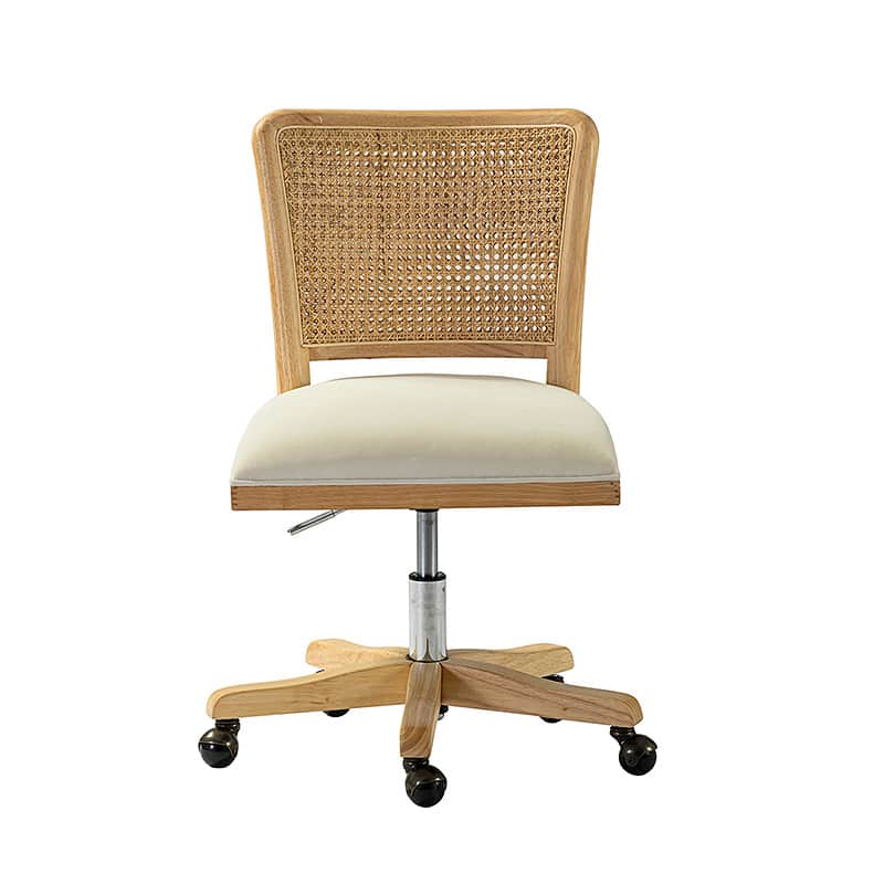 Chaise de bureau à dossier en rotin avec assise en polyester-lin, hauteur réglable et roulettes à 360° | Lin / Beige | Siège simple