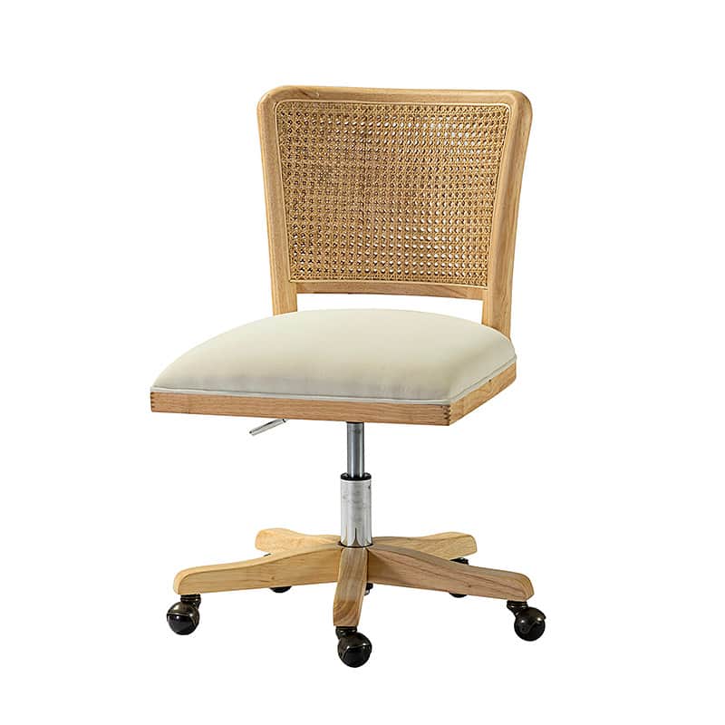 Chaise de bureau à dossier en rotin avec assise en polyester-lin, hauteur réglable et roulettes à 360° | Lin / Beige | Siège simple