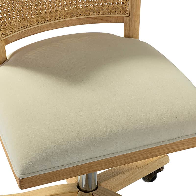 Chaise de bureau à dossier en rotin avec assise en polyester-lin, hauteur réglable et roulettes à 360° | Lin / Beige | Siège simple