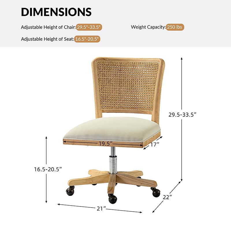 Chaise de bureau à dossier en rotin avec assise en polyester-lin, hauteur réglable et roulettes à 360° | Lin / Beige | Siège simple