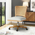 Chaise de bureau à dossier en rotin avec assise en polyester-lin, hauteur réglable et roulettes à 360° | Lin / Beige | Siège simple