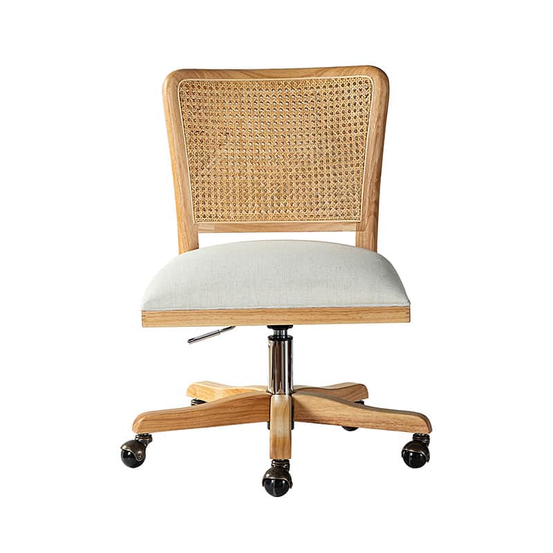 Chaise de bureau à dossier en rotin avec assise en polyester-lin, hauteur réglable et roulettes à 360° | Lin / Beige | Siège simple