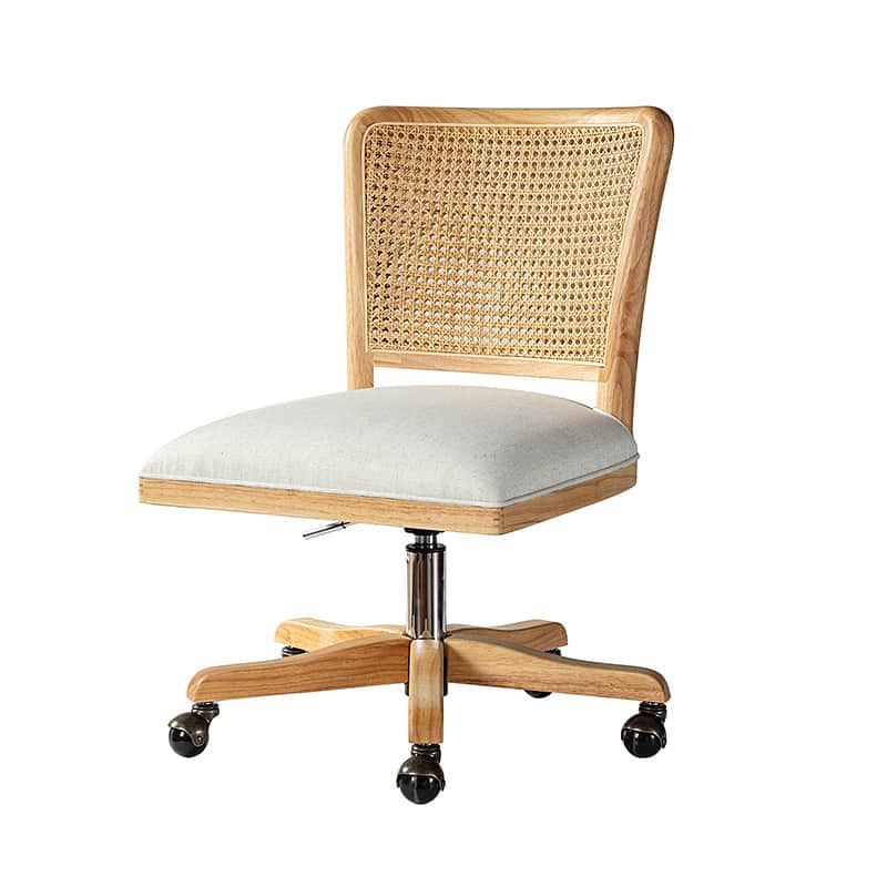 Chaise de bureau à dossier en rotin avec assise en polyester-lin, hauteur réglable et roulettes à 360° | Lin / Beige | Siège simple
