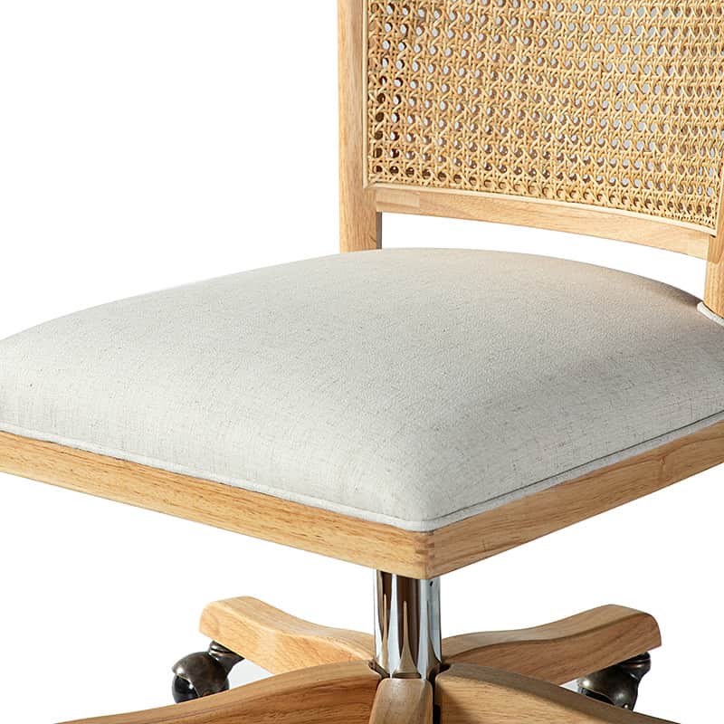 Chaise de bureau à dossier en rotin avec assise en polyester-lin, hauteur réglable et roulettes à 360° | Lin / Beige | Siège simple