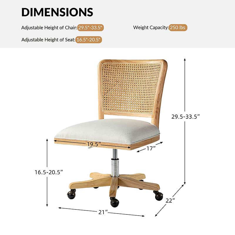 Chaise de bureau à dossier en rotin avec assise en polyester-lin, hauteur réglable et roulettes à 360° | Lin / Beige | Siège simple