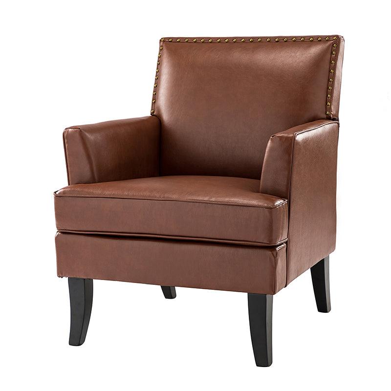 Fauteuil en cuir synthétique avec dossier clouté, rembourrage en mousse et pieds en bois massif noir | Marron / Bleu marine / Sauge / Gris | Siège unique
