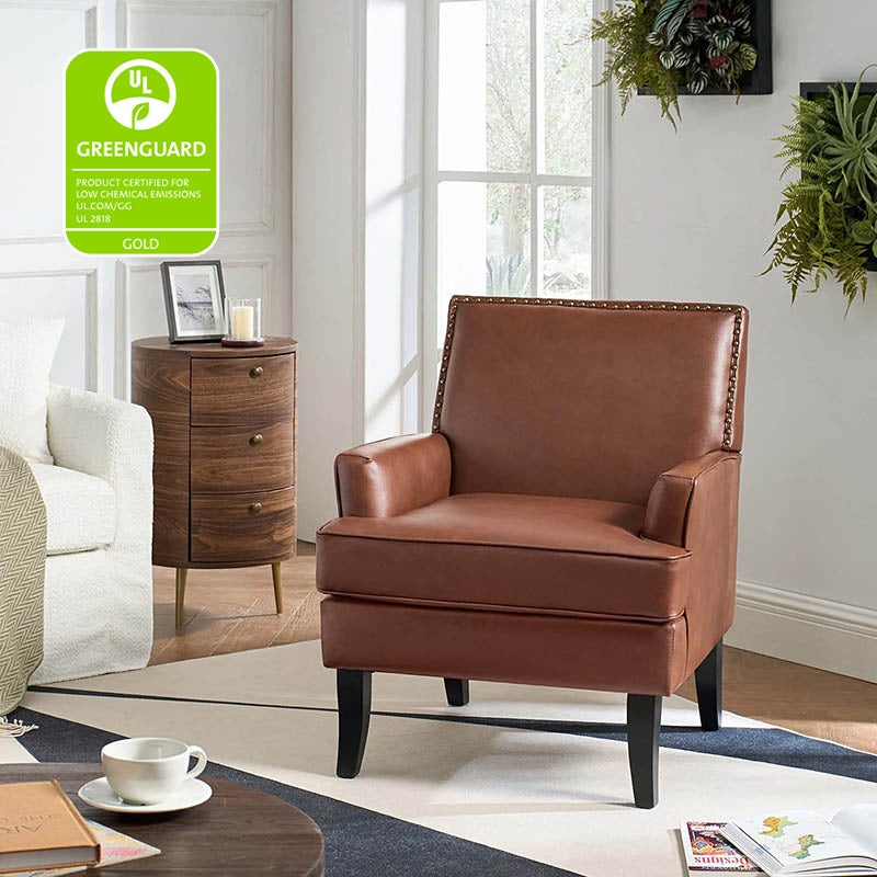 Fauteuil en cuir synthétique avec dossier clouté, rembourrage en mousse et pieds en bois massif noir | Marron / Bleu marine / Sauge / Gris | Siège unique