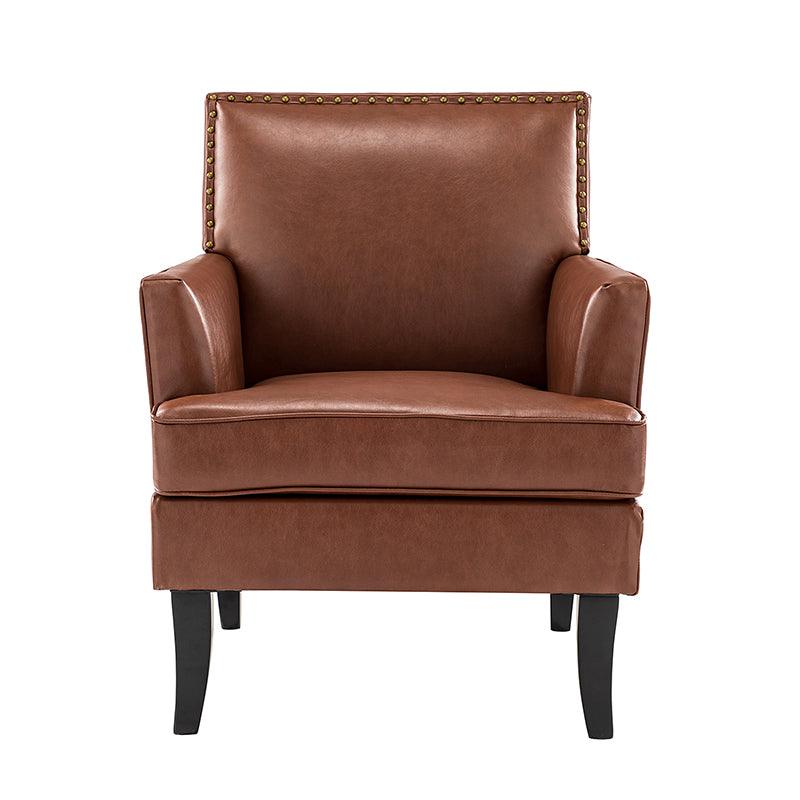 Fauteuil en cuir synthétique avec dossier clouté, rembourrage en mousse et pieds en bois massif noir | Marron / Bleu marine / Sauge / Gris | Siège unique