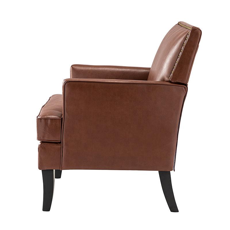 Fauteuil en cuir synthétique avec dossier clouté, rembourrage en mousse et pieds en bois massif noir | Marron / Bleu marine / Sauge / Gris | Siège unique