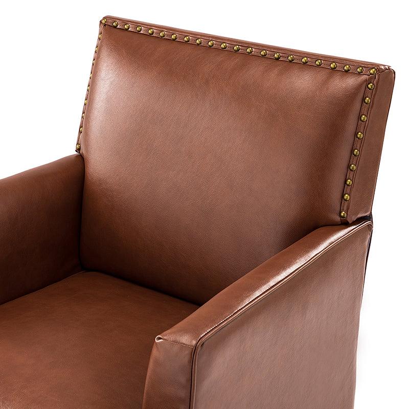 Fauteuil en cuir synthétique avec dossier clouté, rembourrage en mousse et pieds en bois massif noir | Marron / Bleu marine / Sauge / Gris | Siège unique