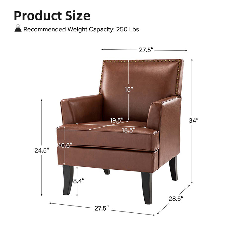 Fauteuil en cuir synthétique avec dossier clouté, rembourrage en mousse et pieds en bois massif noir | Marron / Bleu marine / Sauge / Gris | Siège unique