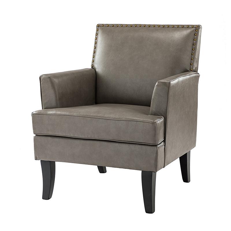 Fauteuil en cuir synthétique avec dossier clouté, rembourrage en mousse et pieds en bois massif noir | Marron / Bleu marine / Sauge / Gris | Siège unique