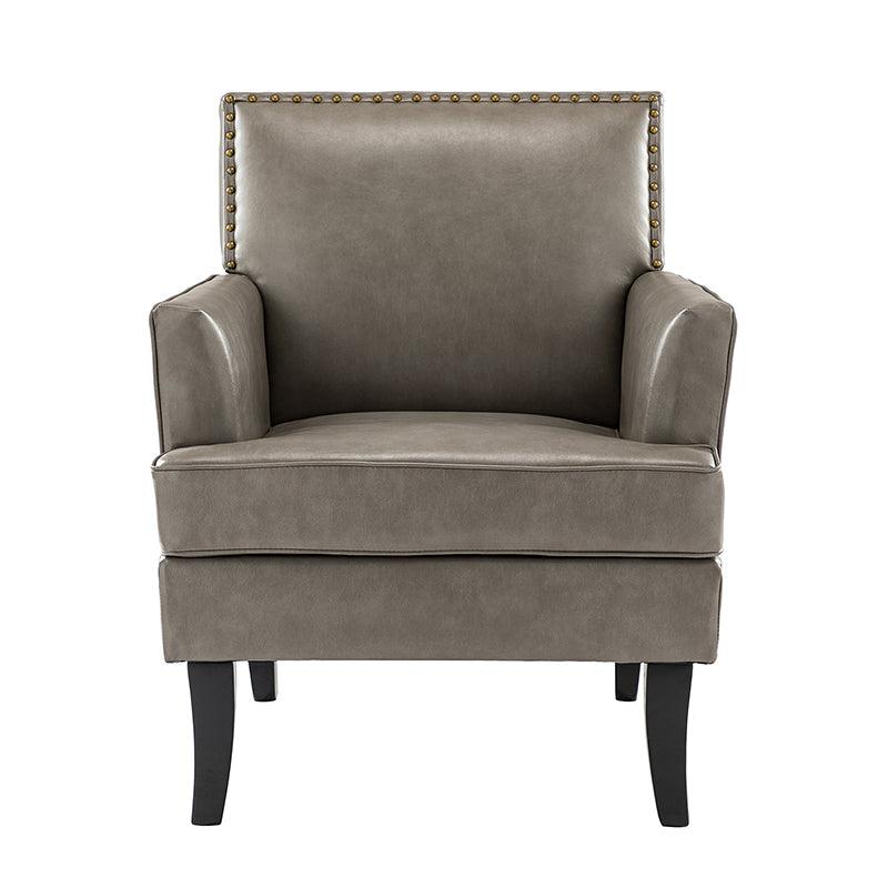 Fauteuil en cuir synthétique avec dossier clouté, rembourrage en mousse et pieds en bois massif noir | Marron / Bleu marine / Sauge / Gris | Siège unique