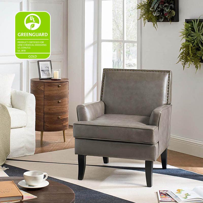 Fauteuil en cuir synthétique avec dossier clouté, rembourrage en mousse et pieds en bois massif noir | Marron / Bleu marine / Sauge / Gris | Siège unique