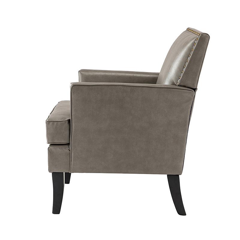 Fauteuil en cuir synthétique avec dossier clouté, rembourrage en mousse et pieds en bois massif noir | Marron / Bleu marine / Sauge / Gris | Siège unique