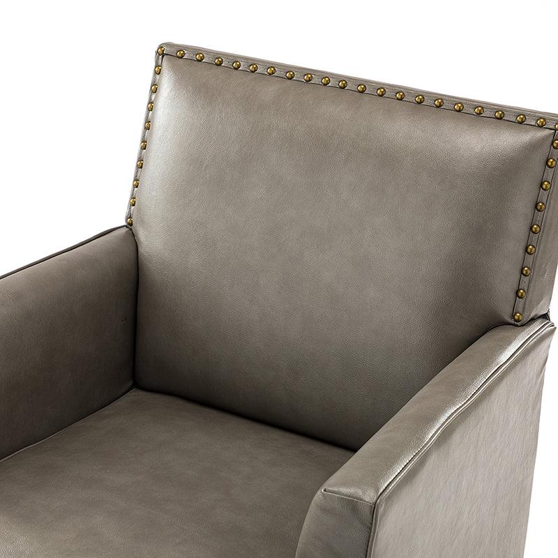 Fauteuil en cuir synthétique avec dossier clouté, rembourrage en mousse et pieds en bois massif noir | Marron / Bleu marine / Sauge / Gris | Siège unique