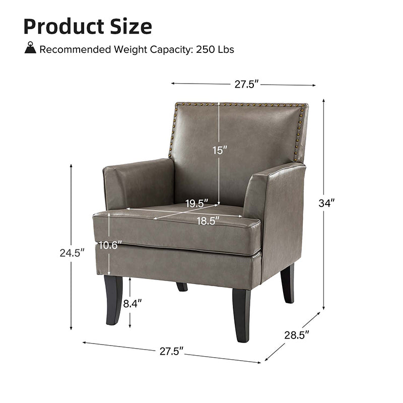 Fauteuil en cuir synthétique avec dossier clouté, rembourrage en mousse et pieds en bois massif noir | Marron / Bleu marine / Sauge / Gris | Siège unique