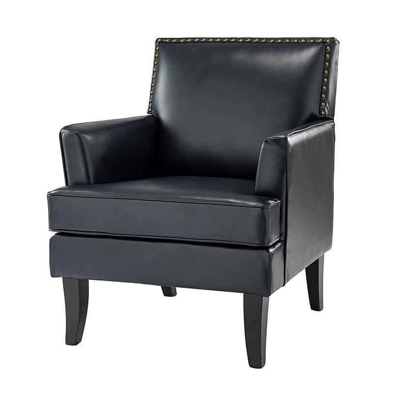 Fauteuil en cuir synthétique avec dossier clouté, rembourrage en mousse et pieds en bois massif noir | Marron / Bleu marine / Sauge / Gris | Siège unique